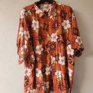 Vintage Big Dogs Mens 3X Hawaiian Shirt Dark Orange Hibiscus Tribal Tiki Print